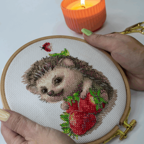 A completed cross-stitch of a smiling hedgehog holding two bright red strawberries, with a small ladybug above, stitched in warm browns, pinks, and reds on white Aida fabric.