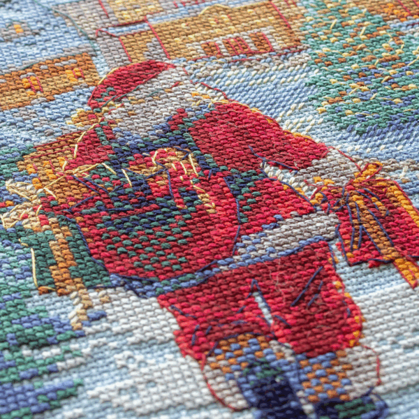 A completed cross-stitch of Santa Claus walking through a snowy village square with a glowing Christmas tree, surrounded by decorated houses and snowy mountains in the background.