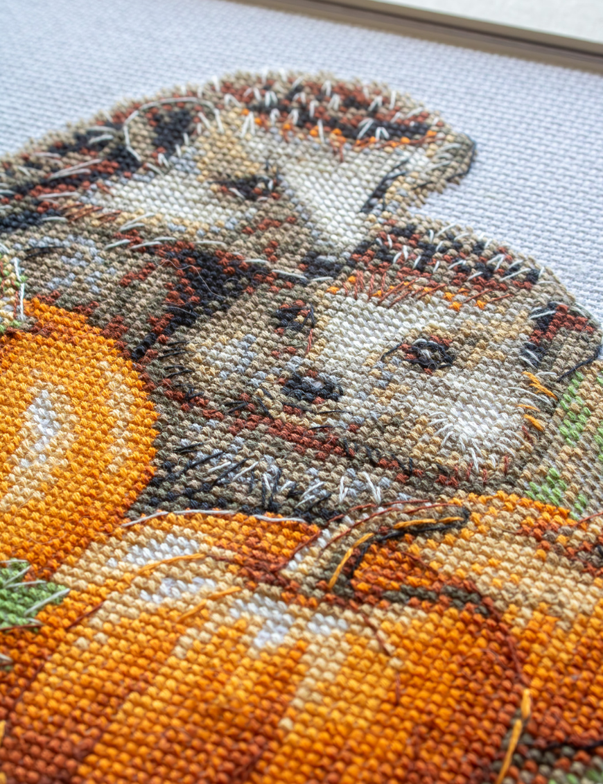 A completed cross-stitch of two hedgehogs nestled among pumpkins and autumn leaves, stitched in warm browns, oranges, and greens on white Aida fabric.