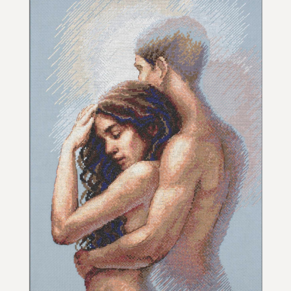 A completed cross-stitch of a couple embracing tenderly, shown in soft natural tones against a light blue background.