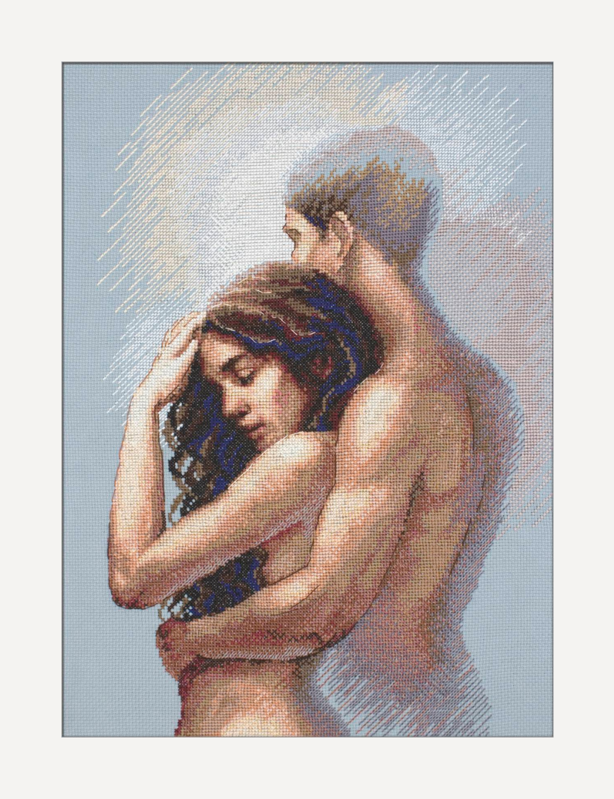A completed cross-stitch of a couple embracing tenderly, shown in soft natural tones against a light blue background.