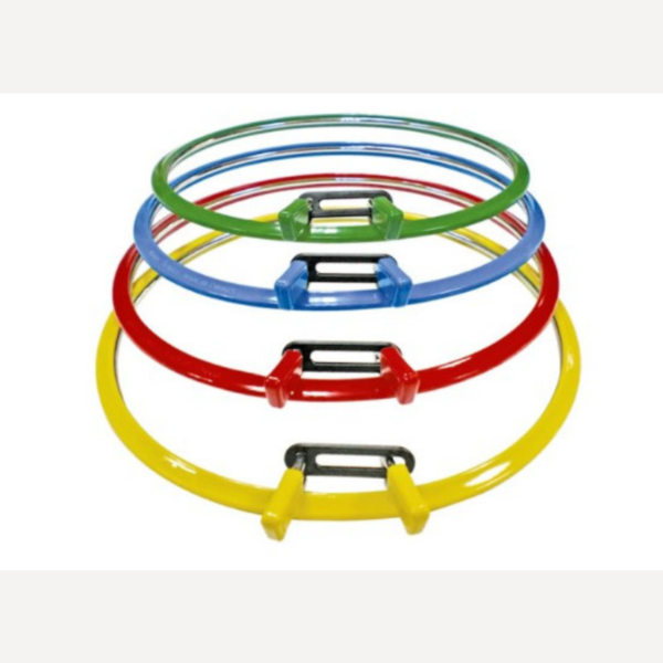 Nurge spring tension embroidery hoop with plastic outer ring and metal inner frame, available in sizes 5.8–19.5 cm in random colors.