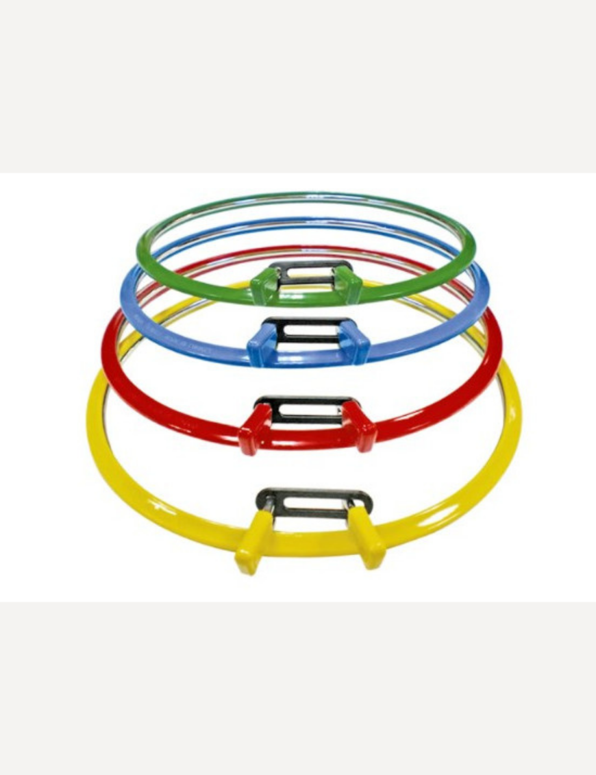Nurge spring tension embroidery hoop with plastic outer ring and metal inner frame, available in sizes 5.8–19.5 cm in random colors.