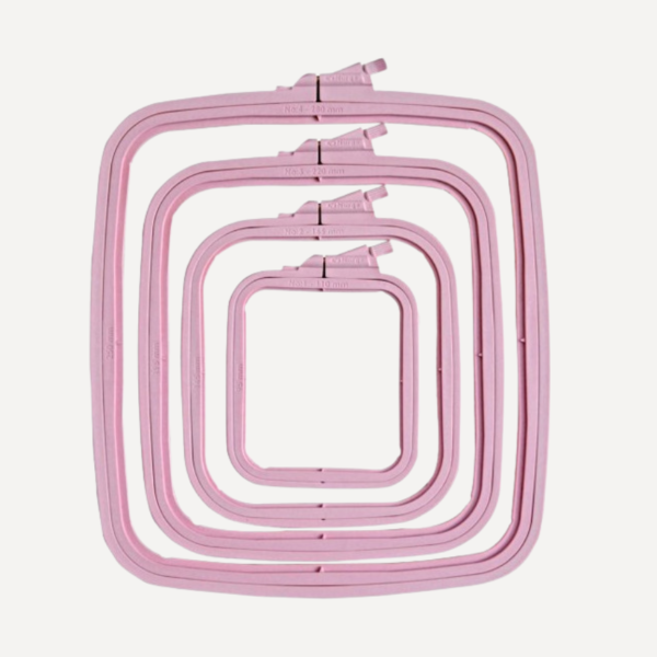 Nurge square pink plastic embroidery hoop frame in various sizes from 11 cm to 28 cm, designed for cross stitch and needlework.