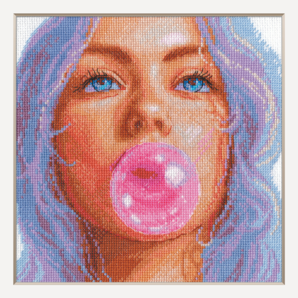 A completed cross-stitch of a girl with pastel purple hair blowing a pink bubblegum bubble, with bright blue eyes and soft blended tones.
