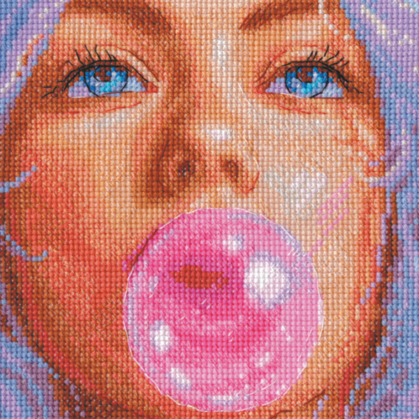 A completed cross-stitch of a girl with pastel purple hair blowing a pink bubblegum bubble, with bright blue eyes and soft blended tones.