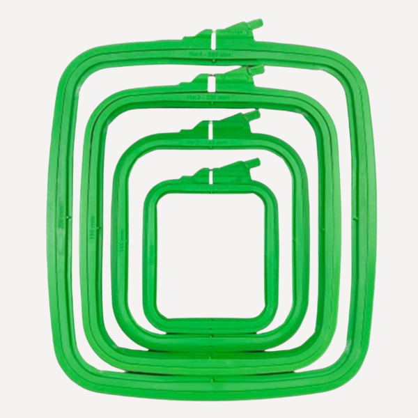 Nurge square green plastic embroidery hoop frame in various sizes from 11 cm to 28 cm, designed for cross stitch and needlework.