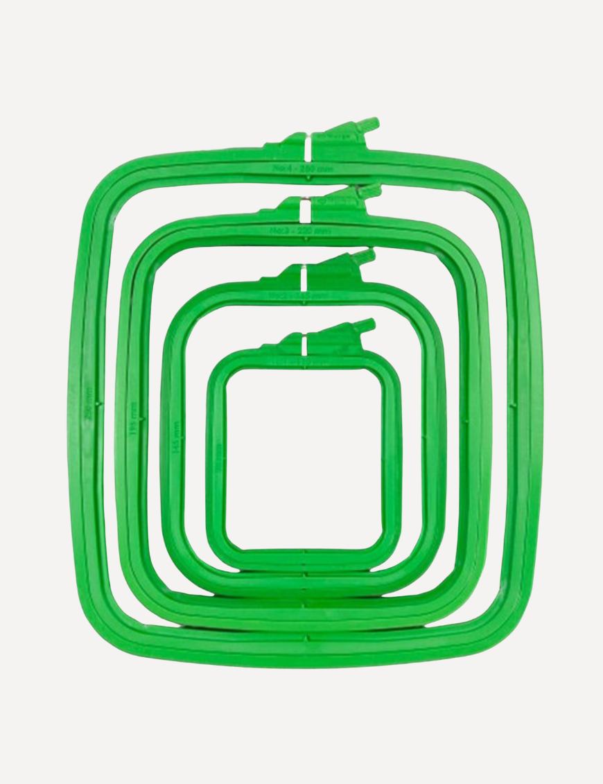 Nurge square green plastic embroidery hoop frame in various sizes from 11 cm to 28 cm, designed for cross stitch and needlework.