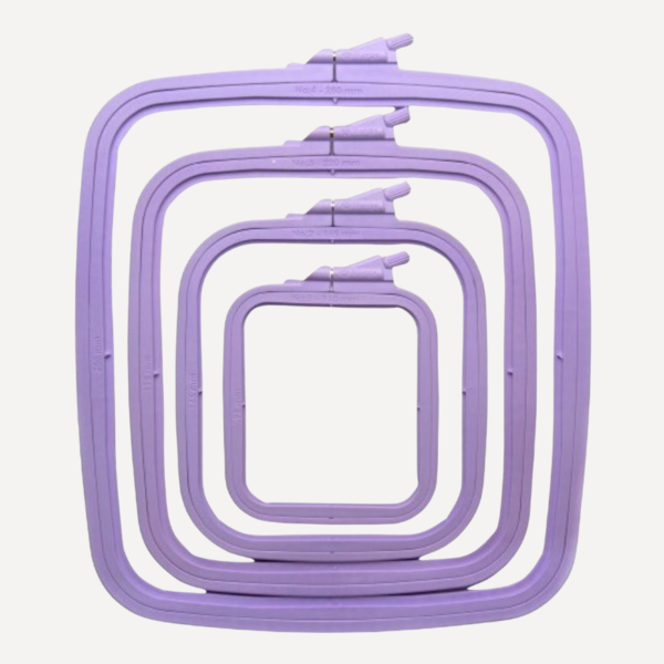 Nurge square lilac plastic embroidery hoop frame in various sizes from 11 cm to 28 cm, designed for cross stitch and needlework.