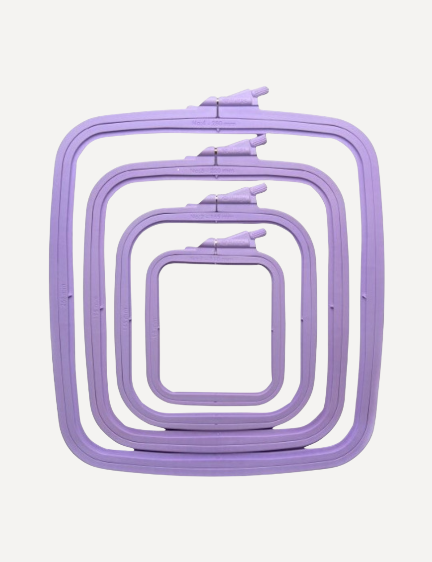 Nurge square lilac plastic embroidery hoop frame in various sizes from 11 cm to 28 cm, designed for cross stitch and needlework.