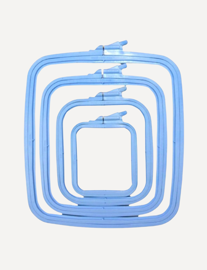 Nurge square pastel blue plastic embroidery hoop frame in various sizes from 11 cm to 28 cm, designed for cross stitch and needlework.