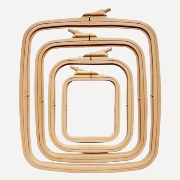 Nurge square coffee brown plastic embroidery hoop frame in various sizes from 11 cm to 28 cm, designed for cross stitch and needlework.