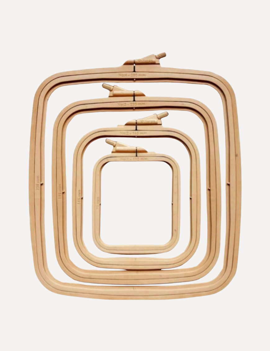 Nurge square coffee brown plastic embroidery hoop frame in various sizes from 11 cm to 28 cm, designed for cross stitch and needlework.