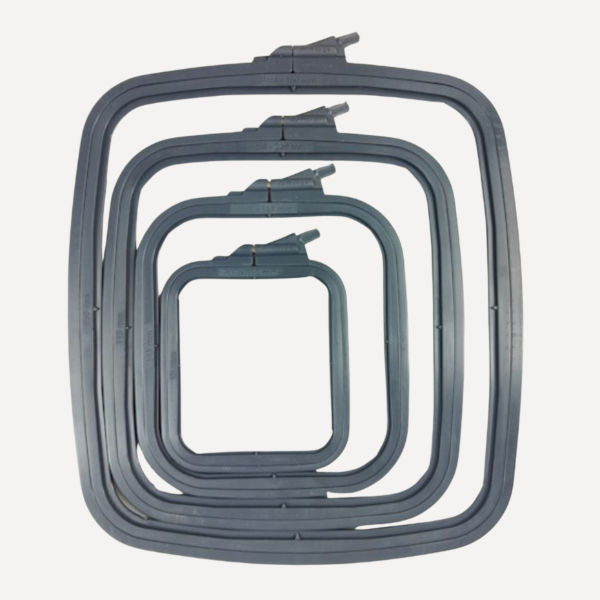Nurge square grey plastic embroidery hoop frame in various sizes from 11 cm to 28 cm, designed for cross stitch and needlework.