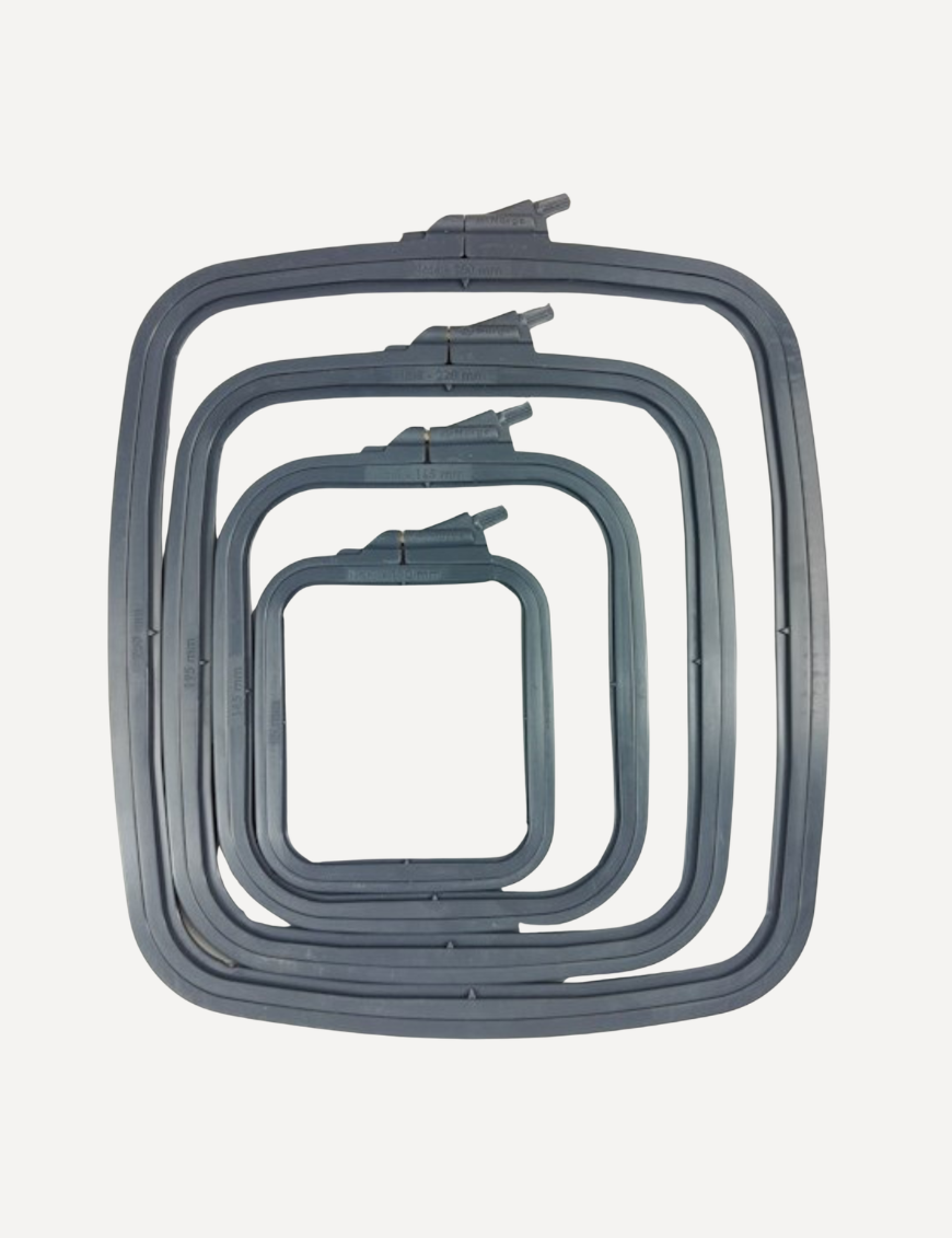 Nurge square grey plastic embroidery hoop frame in various sizes from 11 cm to 28 cm, designed for cross stitch and needlework.