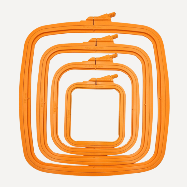 Nurge square orange plastic embroidery hoop frame in various sizes from 11 cm to 28 cm, designed for cross stitch and needlework.
