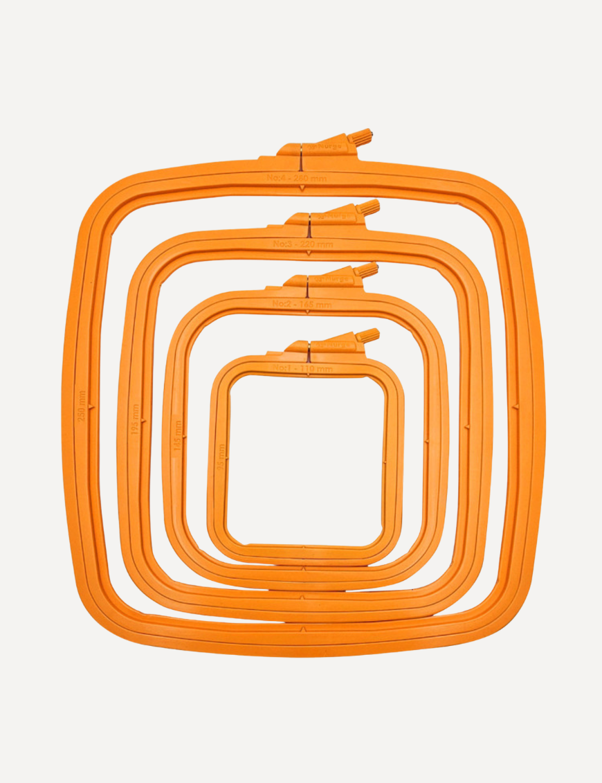 Nurge square orange plastic embroidery hoop frame in various sizes from 11 cm to 28 cm, designed for cross stitch and needlework.