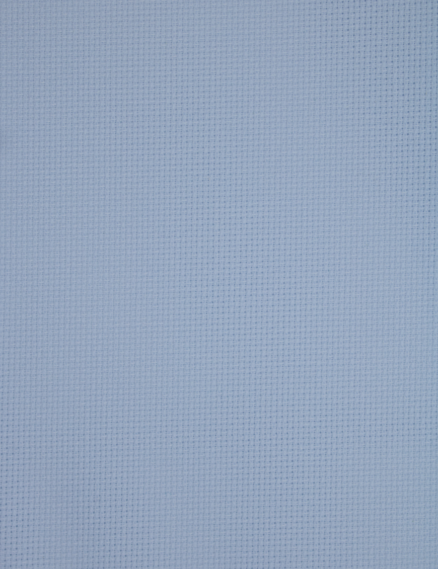 Close-up of Zweigart 15 count Light Blue Aida fabric showcasing its intermediate evenweave grid and soft, cheerful light blue color.