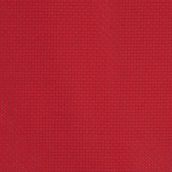 Close-up of Zweigart 14 count Christmas Red Aida fabric showcasing its vibrant red hue and evenweave grid.