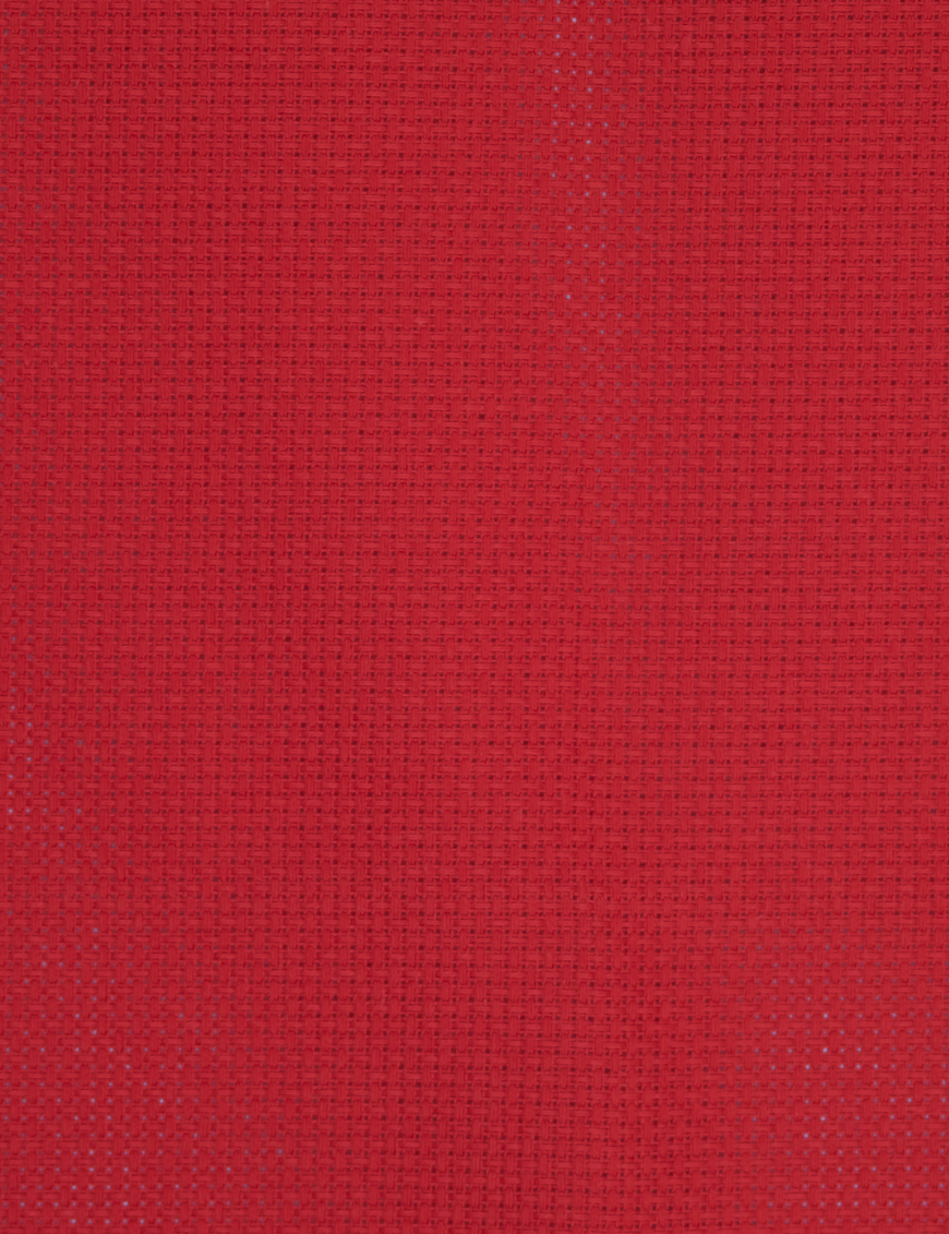 Close-up of Zweigart 14 count Christmas Red Aida fabric showcasing its vibrant red hue and evenweave grid.