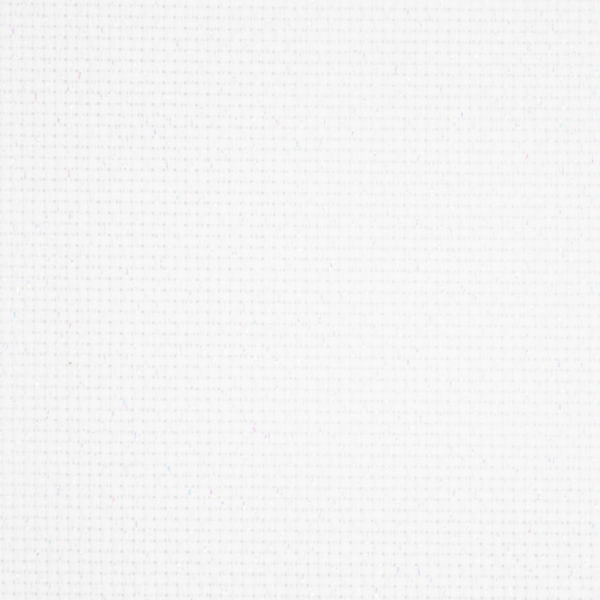 Close-up of Zweigart 14 count White Opalescent Aida-Star fabric showcasing its standard evenweave grid and shimmering iridescent metallic threads.