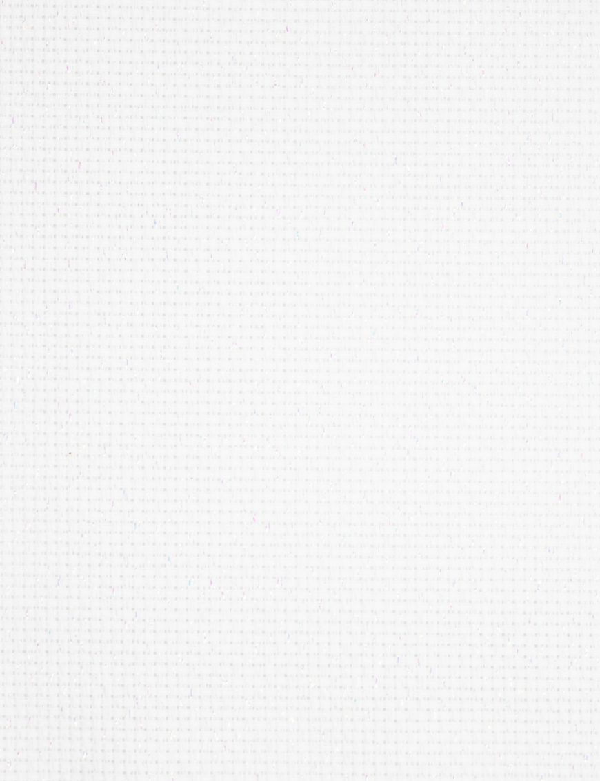 Close-up of Zweigart 14 count White Opalescent Aida-Star fabric showcasing its standard evenweave grid and shimmering iridescent metallic threads.
