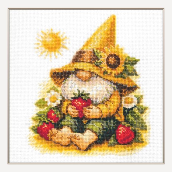 A1043 Sunshine Gnome Aine Cross-Stitch Kit featuring a garden gnome in a yellow sunflower hat surrounded by red flowers, daisies, and green foliage.
