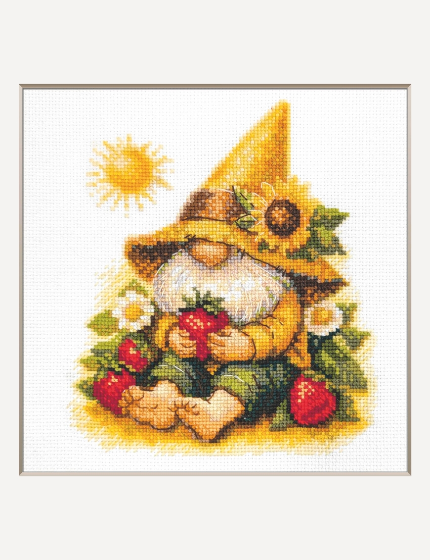A1043 Sunshine Gnome Aine Cross-Stitch Kit featuring a garden gnome in a yellow sunflower hat surrounded by red flowers, daisies, and green foliage.