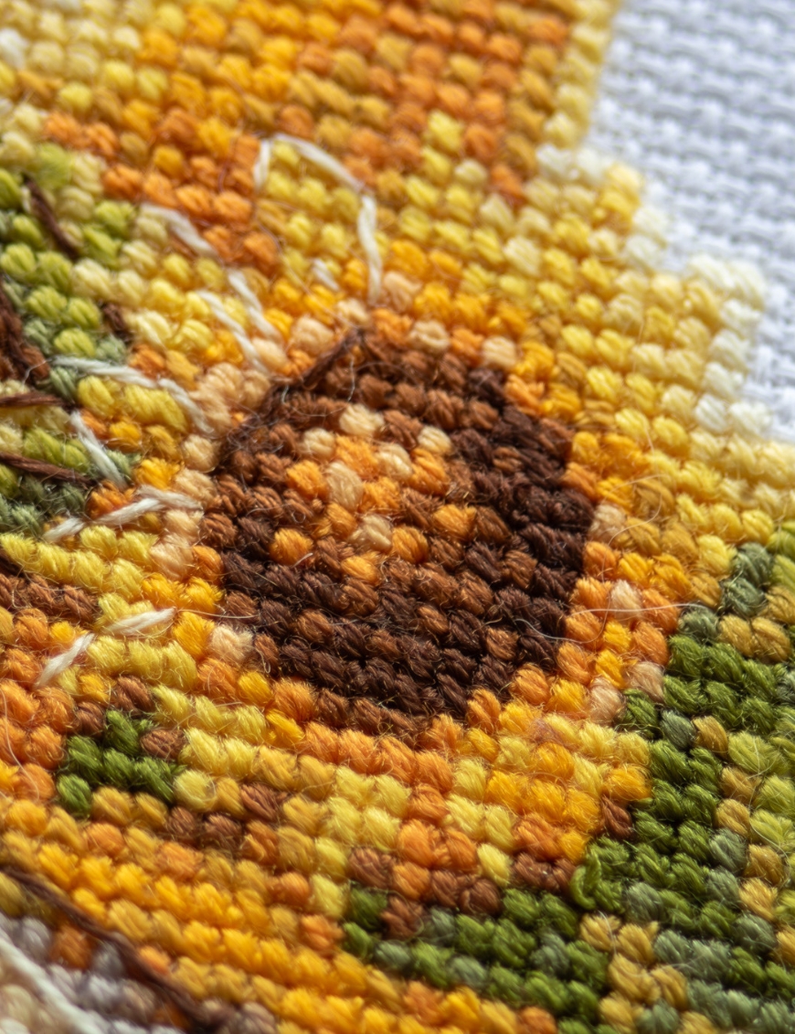 A1043 Sunshine Gnome Aine Cross-Stitch Kit featuring a garden gnome in a yellow sunflower hat surrounded by red flowers, daisies, and green foliage.