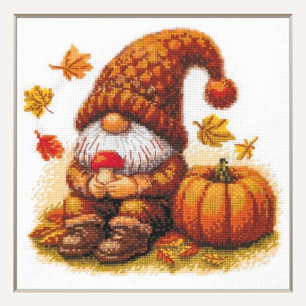 A1044 Harvest Gnome Aine Cross-Stitch Kit featuring an autumn gnome with a large orange pumpkin, colorful fall leaves, and a tiny red mushroom.