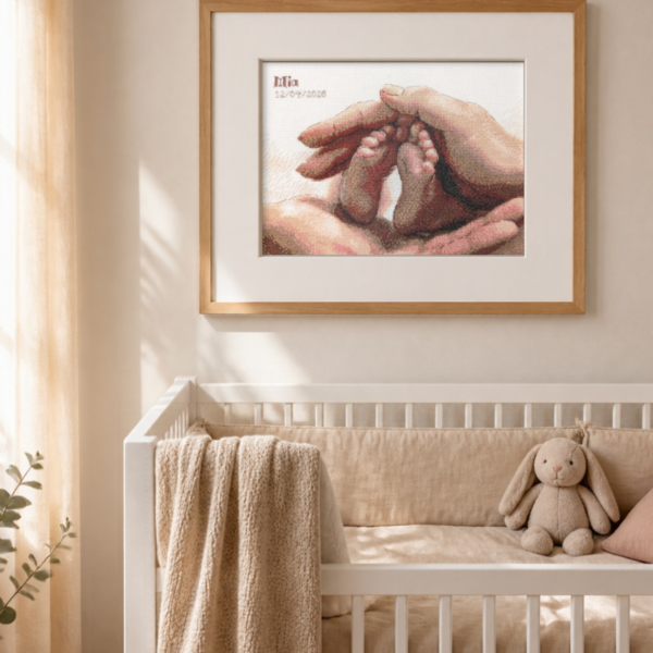 The finished baby feet cross-stitch in an oak frame with a cream mount, hanging on a nursery wall above a white cot with a knitted blanket and a soft toy rabbit.