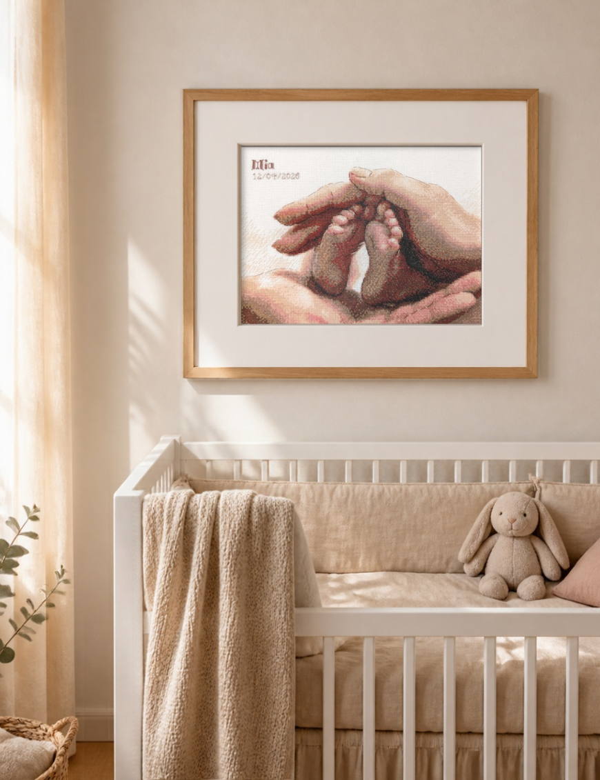 The finished baby feet cross-stitch in an oak frame with a cream mount, hanging on a nursery wall above a white cot with a knitted blanket and a soft toy rabbit.