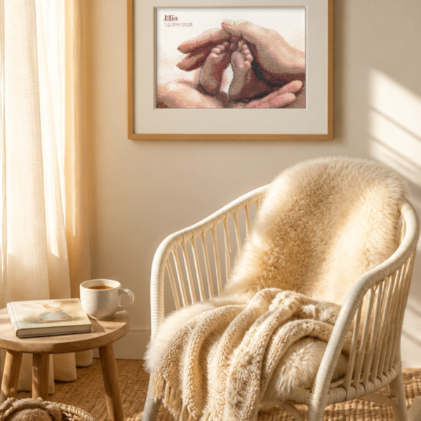 The finished baby feet cross-stitch in an oak frame hanging on a sunlit wall above a white rattan rocking chair draped with a sheepskin and a chunky knitted blanket.