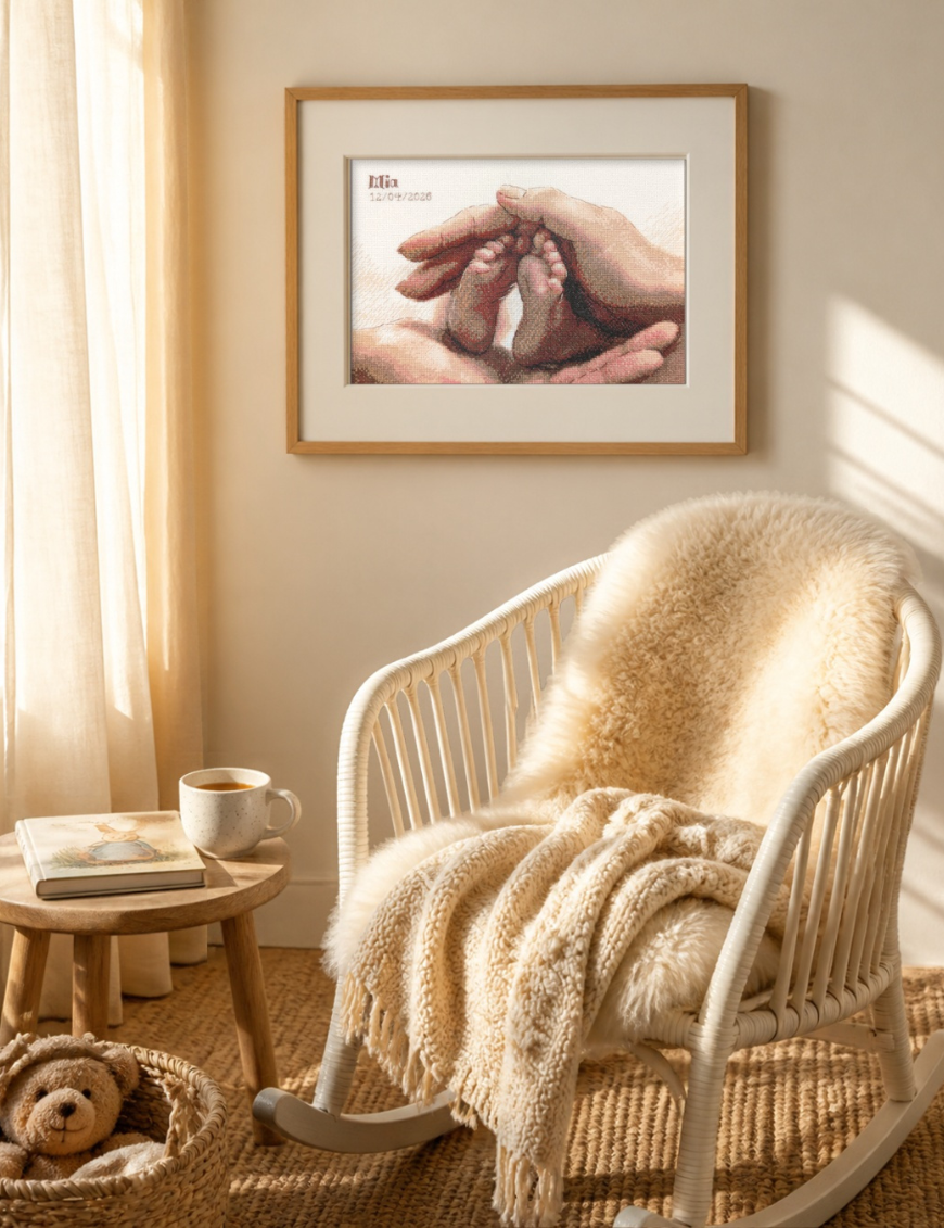 The finished baby feet cross-stitch in an oak frame hanging on a sunlit wall above a white rattan rocking chair draped with a sheepskin and a chunky knitted blanket.