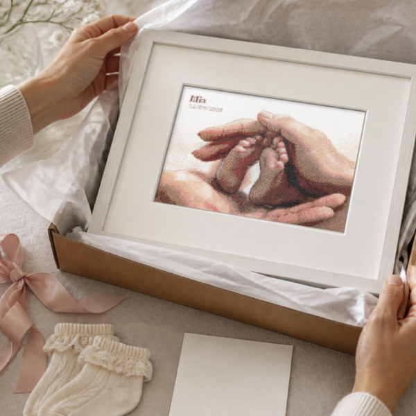 Hands lifting the finished baby feet cross-stitch in a white frame out of a gift box lined with tissue paper, next to a pink ribbon, a blank card and small knitted baby socks.