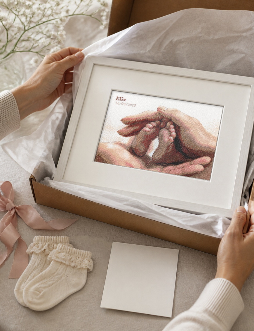 Hands lifting the finished baby feet cross-stitch in a white frame out of a gift box lined with tissue paper, next to a pink ribbon, a blank card and small knitted baby socks.