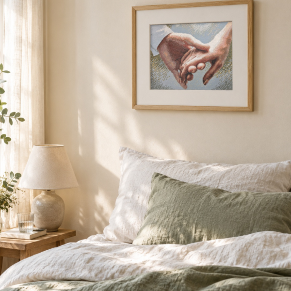 The finished cross-stitch of two clasped hands in an oak frame with a cream mount, hanging above a bed with white and sage-green linen bedding and a bedside lamp.