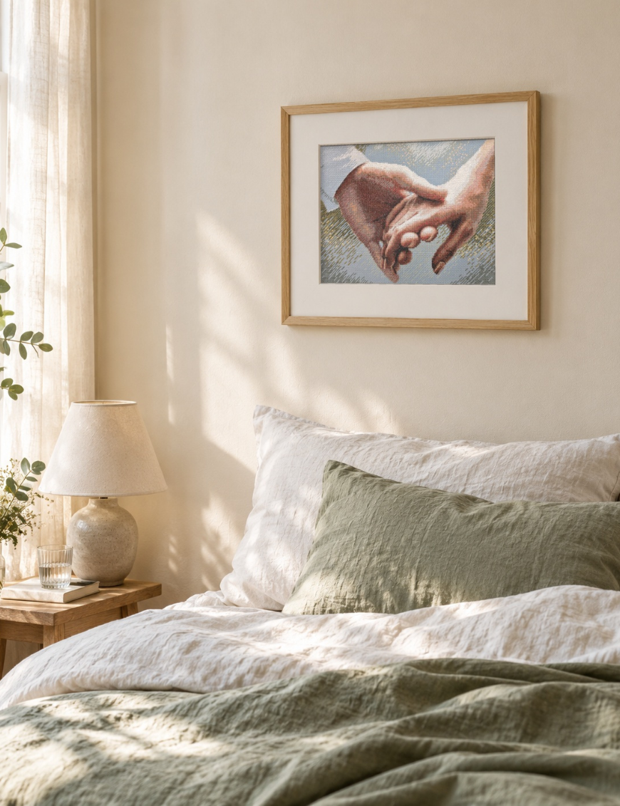 The finished cross-stitch of two clasped hands in an oak frame with a cream mount, hanging above a bed with white and sage-green linen bedding and a bedside lamp.