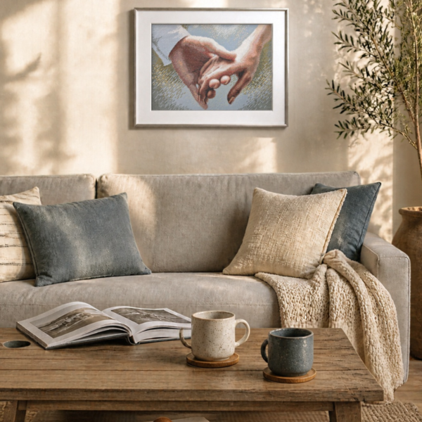 The finished cross-stitch of two clasped hands in a slim silver frame with a white mount, hanging above a beige sofa with grey-blue cushions, a knitted throw and a coffee table.