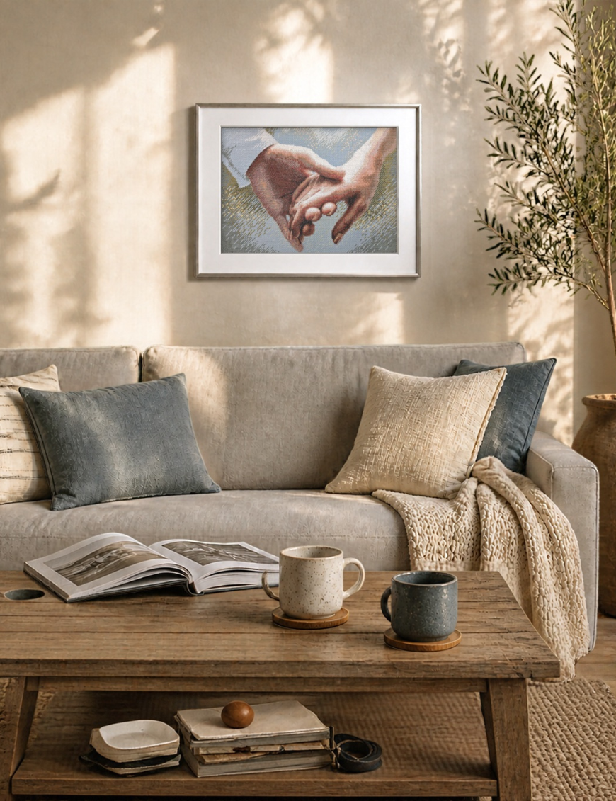 The finished cross-stitch of two clasped hands in a slim silver frame with a white mount, hanging above a beige sofa with grey-blue cushions, a knitted throw and a coffee table.