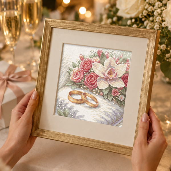 Hands holding the finished cross-stitch of two gold wedding rings beside roses and an orchid in a gold frame, with champagne glasses, a gift box and a white flower arrangement in the background.