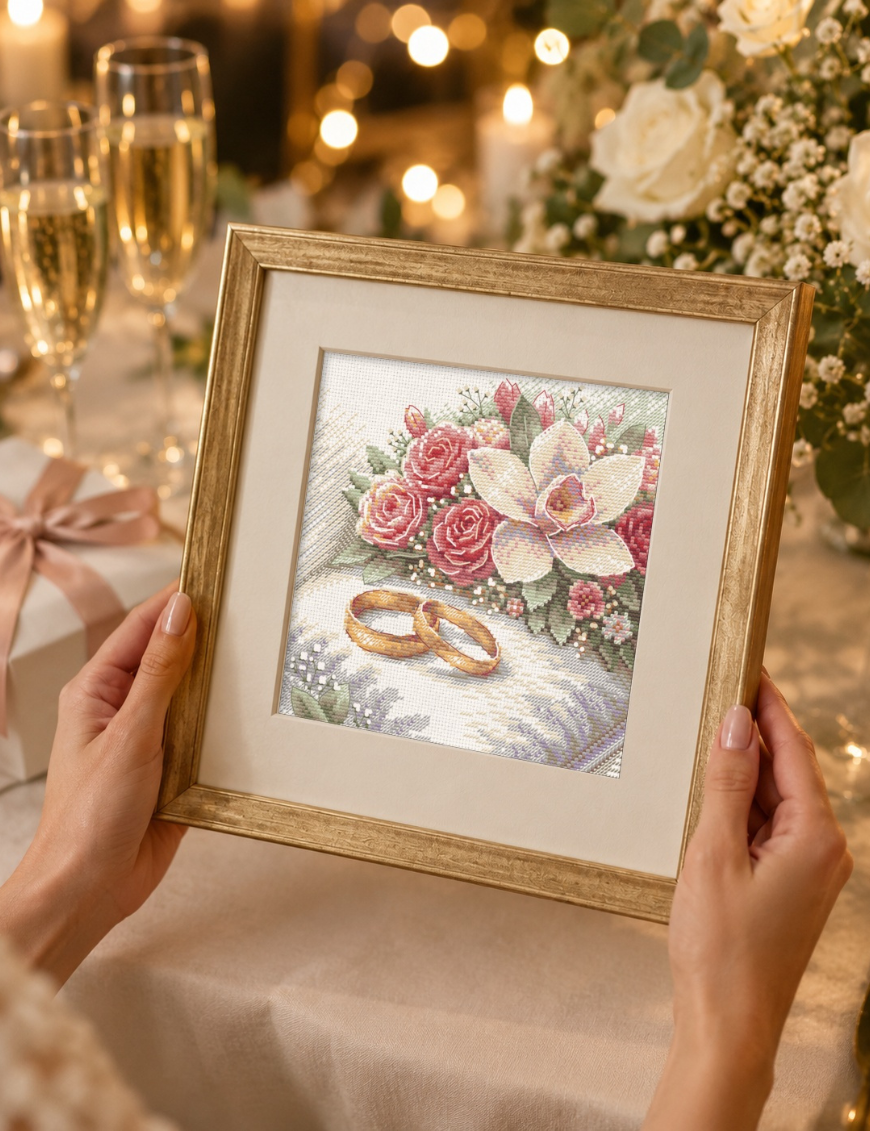 Hands holding the finished cross-stitch of two gold wedding rings beside roses and an orchid in a gold frame, with champagne glasses, a gift box and a white flower arrangement in the background.