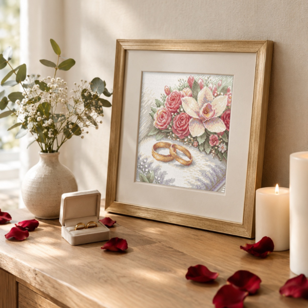 The finished cross-stitch of two gold wedding rings beside roses and an orchid, in a gold frame leaning on a wooden sideboard with a ring box, candles, baby’s breath in a vase and red rose petals.