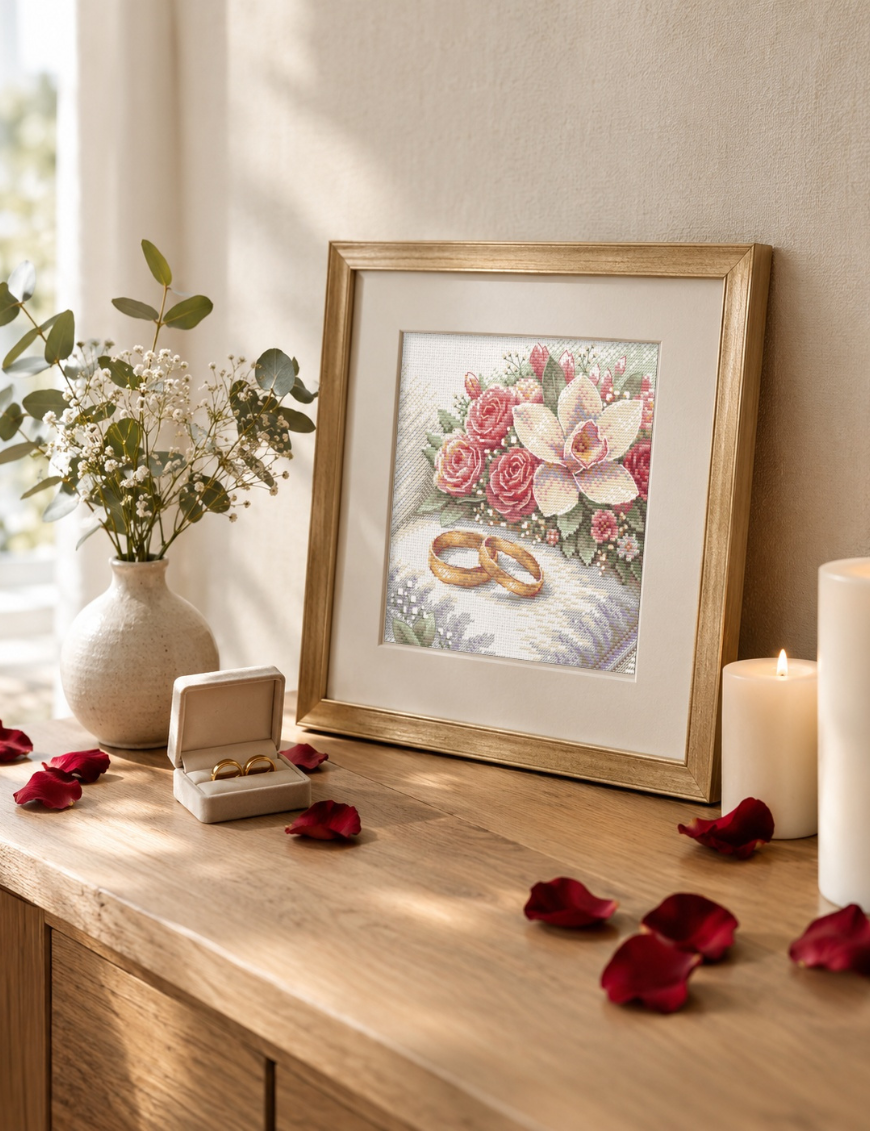 The finished cross-stitch of two gold wedding rings beside roses and an orchid, in a gold frame leaning on a wooden sideboard with a ring box, candles, baby’s breath in a vase and red rose petals.