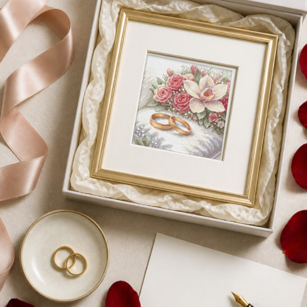 The finished cross-stitch of two gold wedding rings beside roses and an orchid, in a gold frame inside a white gift box lined with tissue paper, next to a ribbon, a ring dish, a blank card and a fountain pen.