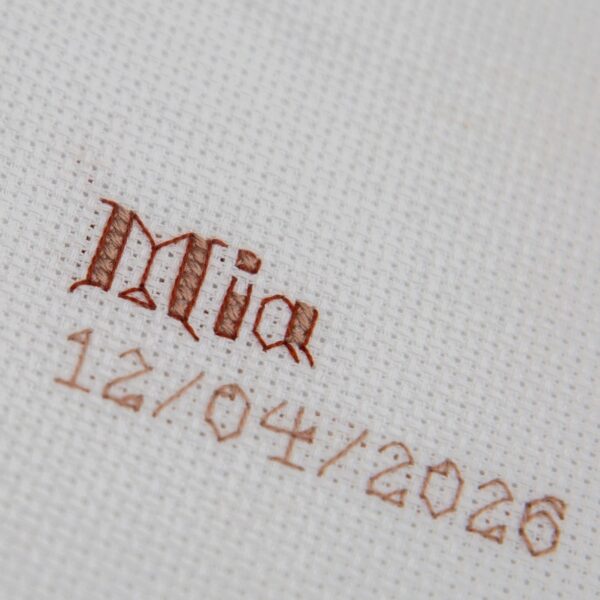 Close-up of cross-stitched gothic lettering above a line of numbers in brown thread on white Aida.