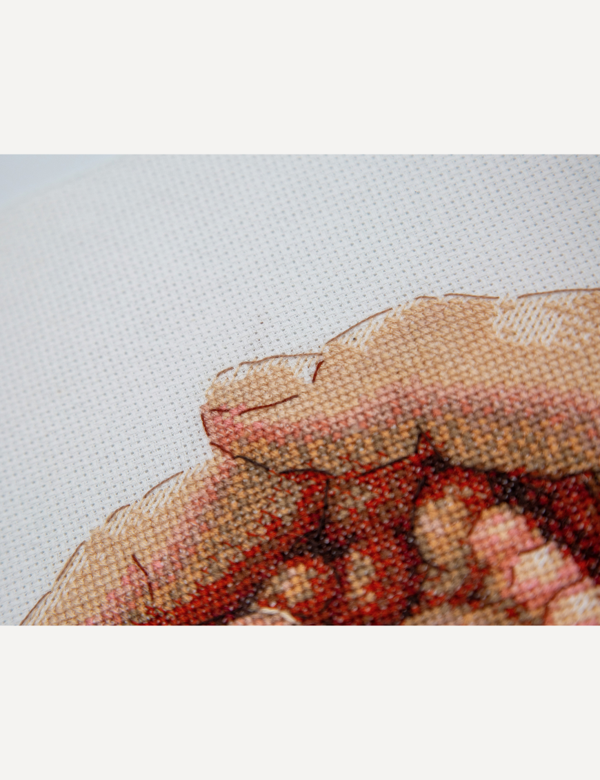Close-up of the top edge of a cross-stitched parent’s hand curving over baby toes, with brown outline backstitch on white Aida.